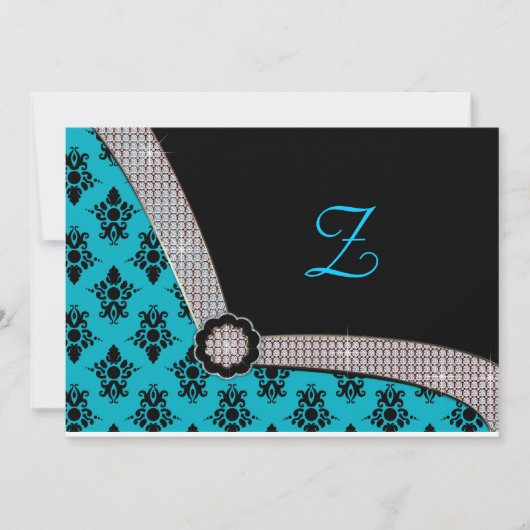 Aqua Blue en Black Damask Gem Sparkle Kaart (Voorkant)