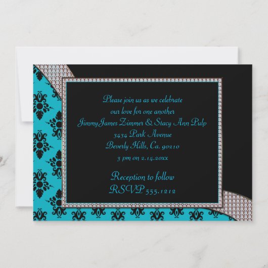 Aqua Blue en Black Damask Gem Sparkle Kaart (Achterkant)