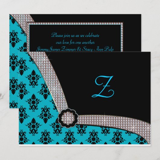 Aqua Blue en Black Damask Gem Sparkle Kaart (Voorkant / Achterkant)