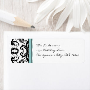 Aqua Blue en Black Damask Stippen Adresetiketten Etiket