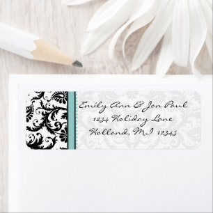 Aqua Blue en Black Damask Stippen Adresetiketten Etiket