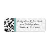 Aqua Blue en Black Damask Stippen Adresetiketten Etiket (Voorkant)