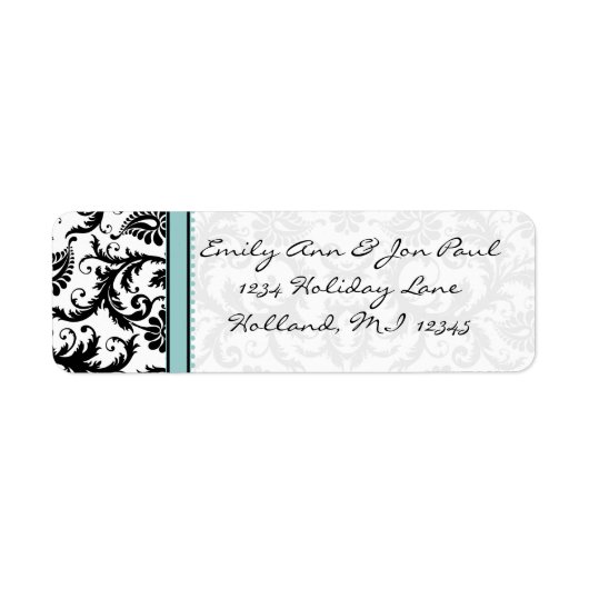 Aqua Blue en Black Damask Stippen Adresetiketten Etiket (Voorkant)