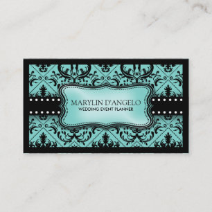 Aqua Blue en Black Damask Wedding Planner Visitekaartje