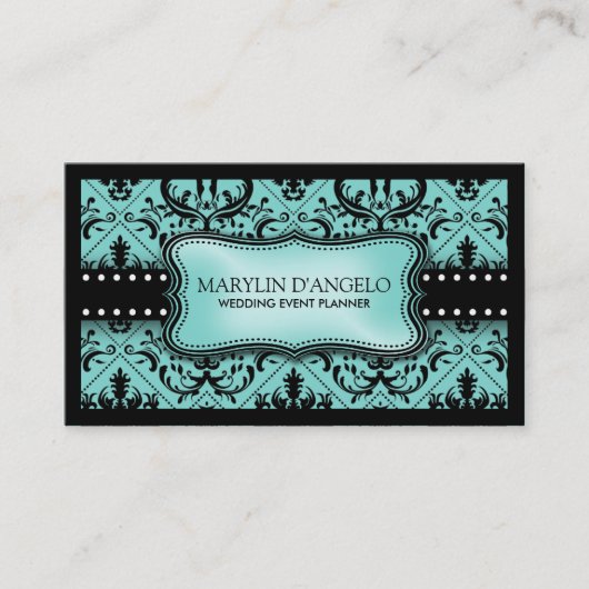 Aqua Blue en Black  Damask Wedding Planner Visitekaartje (Voorkant)