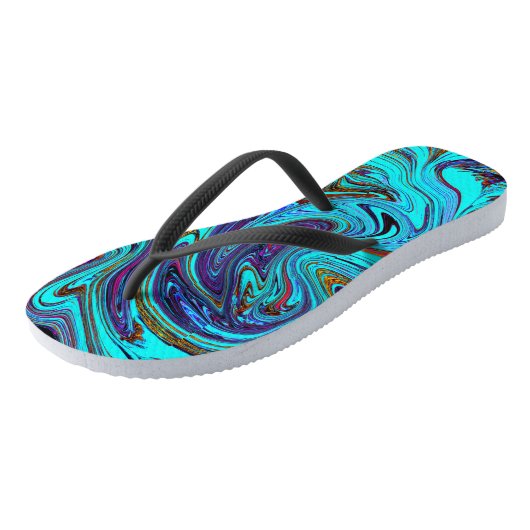 Aqua Blue en Black Groovy Abstract Retro Art Teenslippers (Schuin)