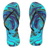 Aqua Blue en Black Groovy Abstract Retro Art Teenslippers (Voetbed)
