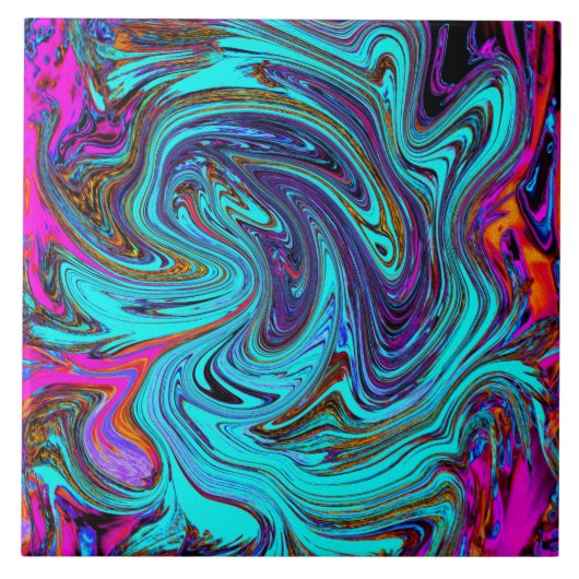 Aqua Blue en Black Groovy Abstract Retro Art Tegeltje (Voorkant)