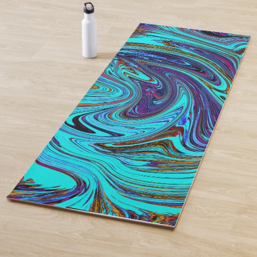 Aqua Blue en Black Groovy Abstract Retro Art Yogamat (In situ)