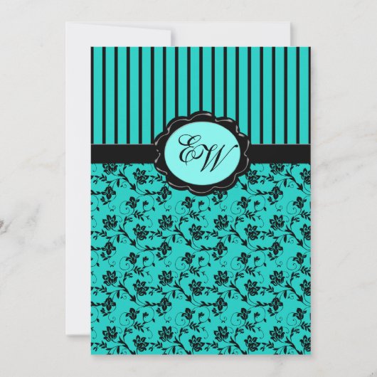 Aqua Blue en Black Monogram Damask Invitation Kaart (Voorkant)