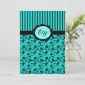 Aqua Blue en Black Monogram Damask Invitation Kaart (Staand voorkant)