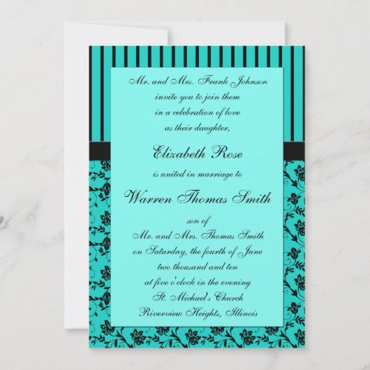 Aqua Blue en Black Monogram Damask Invitation Kaart (Achterkant)