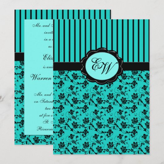 Aqua Blue en Black Monogram Damask Invitation Kaart (Voorkant / Achterkant)