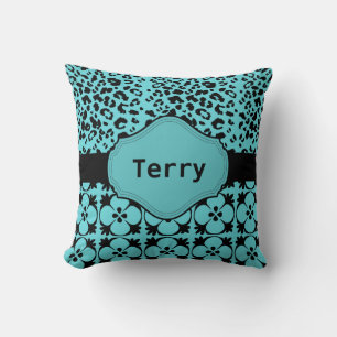 Aqua Blue en Black Monogram Pillow Kussen