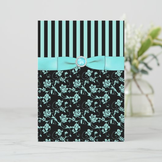 Aqua Blue en Black Striped Invitation Kaart (Staand voorkant)