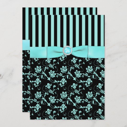 Aqua Blue en Black Striped Invitation Kaart (Voorkant / Achterkant)