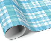 Aqua Blue en Blauwgroen Waterverf Tartan Gecontrol Cadeaupapier (Rol Hoek)