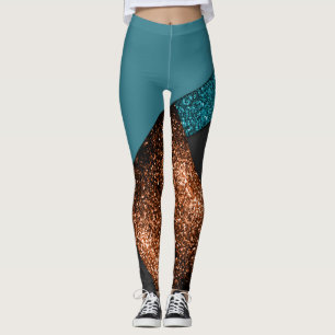 Aqua blue en bronze sparkles modern kleurenblok leggings