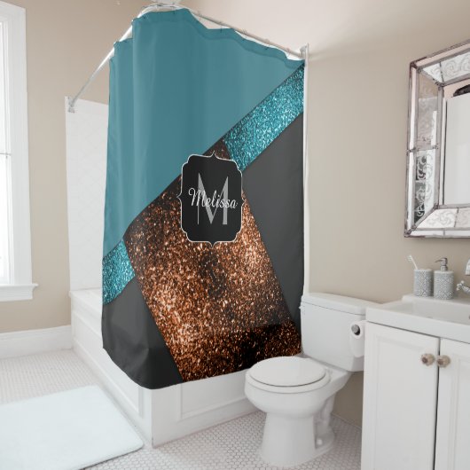 Aqua blue en bronze sparkles modern Monogram Douchegordijn (In situ)