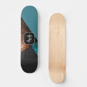 Aqua blue en bronze sparkles modern Monogram Skateboard (Voorkant)