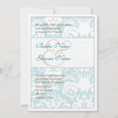 Aqua Blue en Brown Damask Wedding Invitation Kaart (Voorkant)