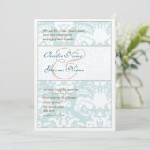 Aqua Blue en Brown Damask Wedding Invitation Kaart (Staand voorkant)