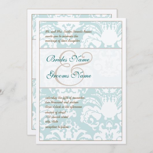 Aqua Blue en Brown Damask Wedding Invitation Kaart (Voorkant / Achterkant)