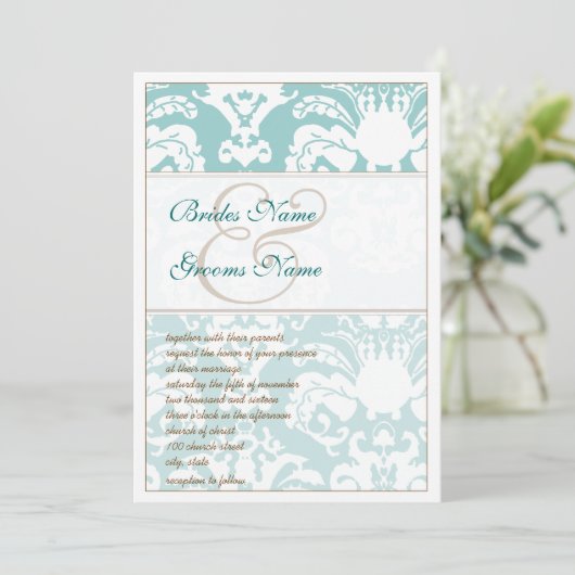 Aqua Blue en Brown Damask Wedding Invitation Kaart (Staand voorkant)