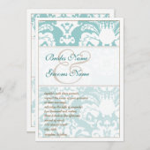 Aqua Blue en Brown Damask Wedding Invitation Kaart (Voorkant / Achterkant)