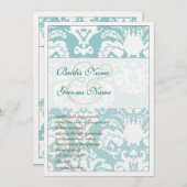 Aqua Blue en Brown Damask Wedding Invitation Kaart (Voorkant / Achterkant)