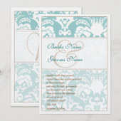Aqua Blue en Brown Damask Wedding Invitation Kaart (Voorkant / Achterkant)