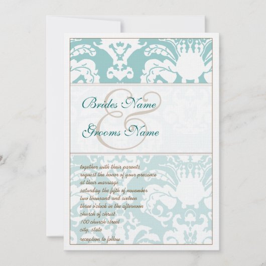 Aqua Blue en Brown Damask Wedding Invitation Kaart (Voorkant)