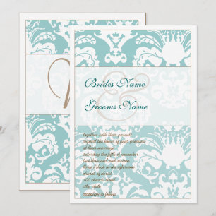 Aqua Blue en Brown Damask Wedding Invitation Kaart