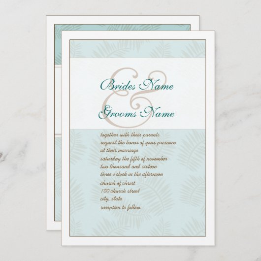 Aqua Blue en Brown Leaves Wedding Invitation Kaart (Voorkant / Achterkant)