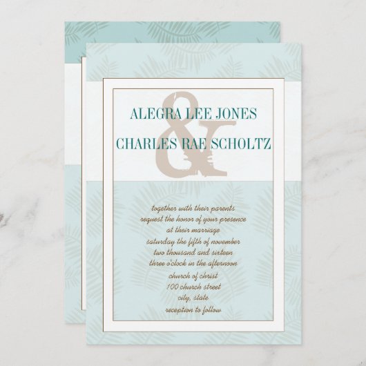 Aqua Blue en Brown Leaves Wedding Invitation Kaart (Voorkant / Achterkant)