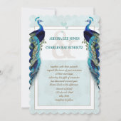 Aqua Blue en Brown Peacock Wedding Invitation Kaart (Voorkant)