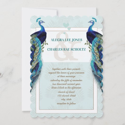 Aqua Blue en Brown Peacock Wedding Invitation Kaart (Voorkant)