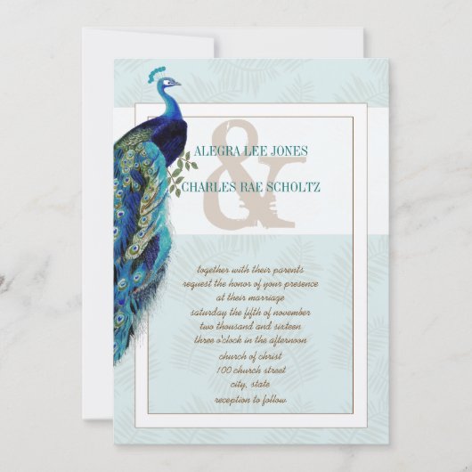 Aqua Blue en Brown Peacock Wedding Invitation Kaart (Voorkant)
