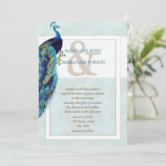 Aqua Blue en Brown Peacock Wedding Invitation Kaart (Staand voorkant)