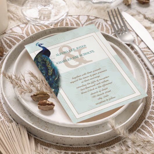 Aqua Blue en Brown Peacock Wedding Invitation Kaart