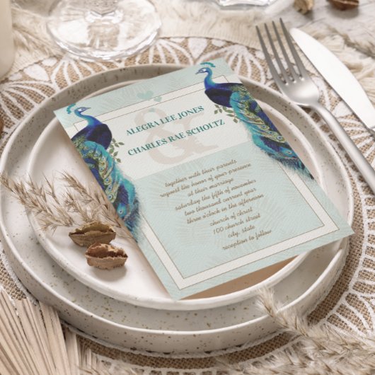 Aqua Blue en Brown Peacock Wedding Invitation Kaart