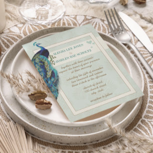 Aqua Blue en Brown Peacock Wedding Invitation Kaart