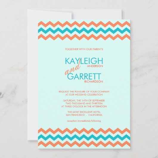 Aqua Blue en Coral Chevron Wedding Invitations Kaart (Voorkant)