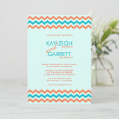 Aqua Blue en Coral Chevron Wedding Invitations Kaart (Staand voorkant)