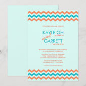 Aqua Blue en Coral Chevron Wedding Invitations Kaart (Voorkant / Achterkant)
