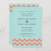 Aqua Blue en Coral Chevron Wedding Invitations Kaart (Voorkant / Achterkant)