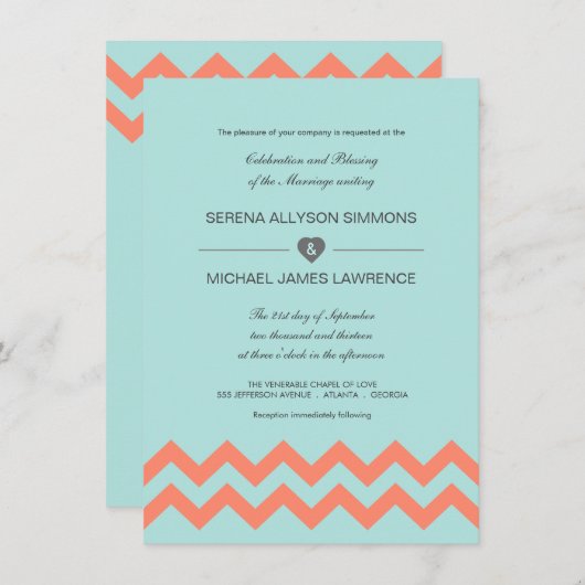 Aqua Blue en Coral Chevron Wedding Invitations Kaart (Voorkant / Achterkant)