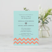 Aqua Blue en Coral Chevron Wedding Invitations Kaart (Staand voorkant)