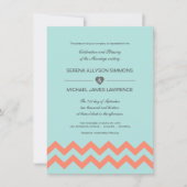 Aqua Blue en Coral Chevron Wedding Invitations Kaart (Voorkant)