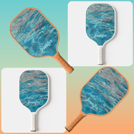 Aqua Blue en Coral Tropical Water met naam Pickleball Paddle